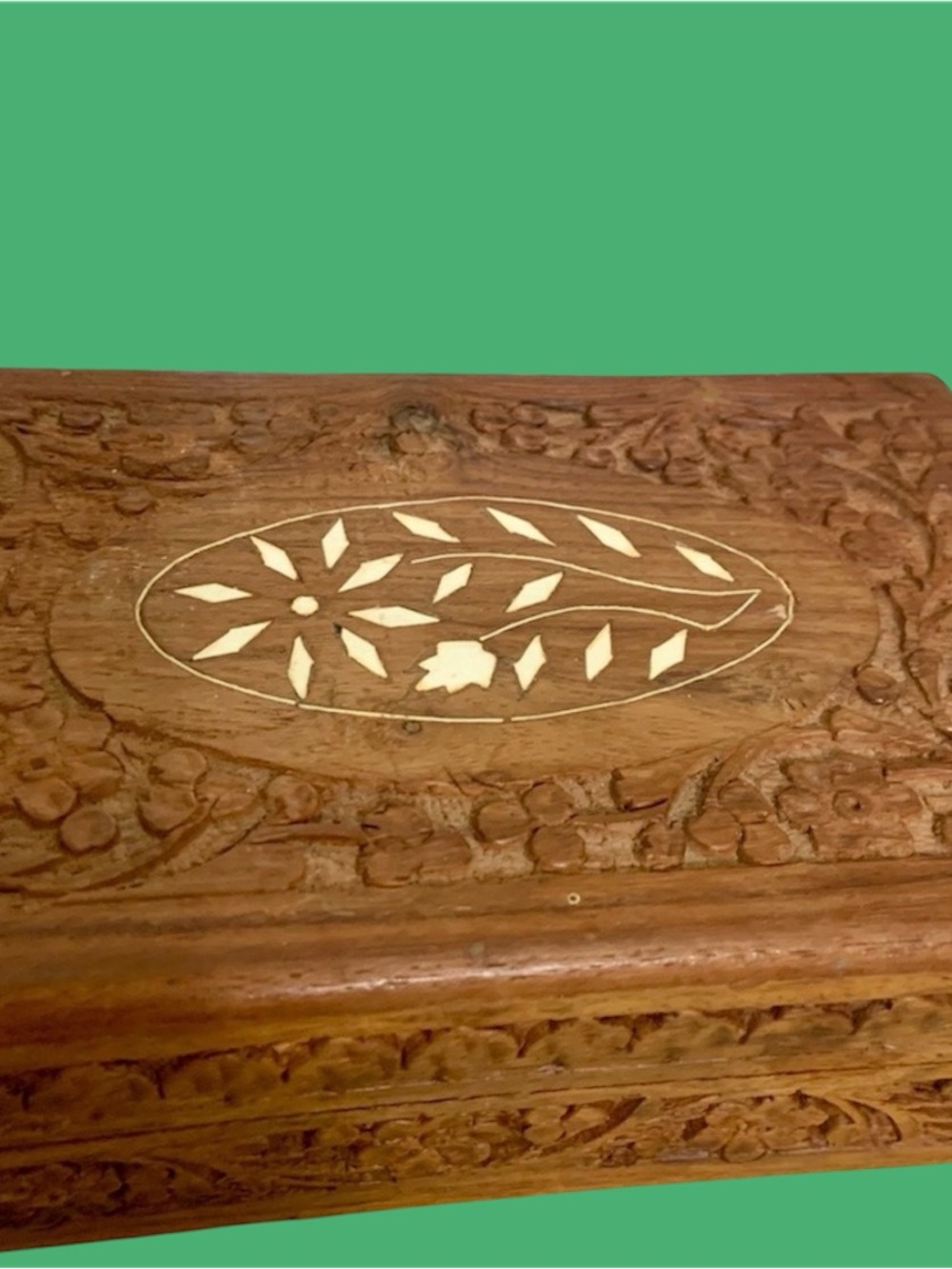 Carved Wood W/ inlaid Trinket Box India 7x5x2
